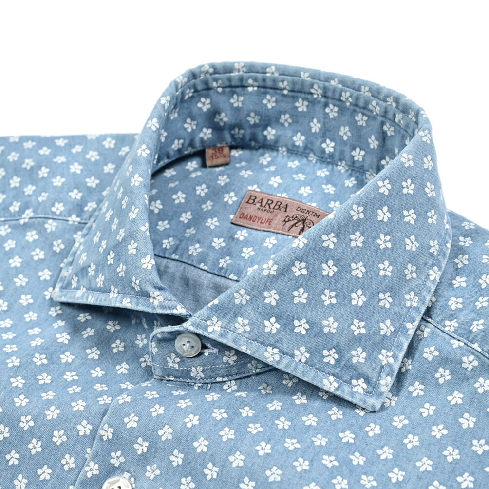 Rakuten - 【春夏先行セール】【半額以下】 バルバ BARBA DANDYLIFE DENIM デニムシャツ ドレスシャツ カジュアルシャツ ホリゾンタルカラー 長袖 メンズ コットン 100% 小花柄 ブルー イタリア ブランド MADE IN ITALY