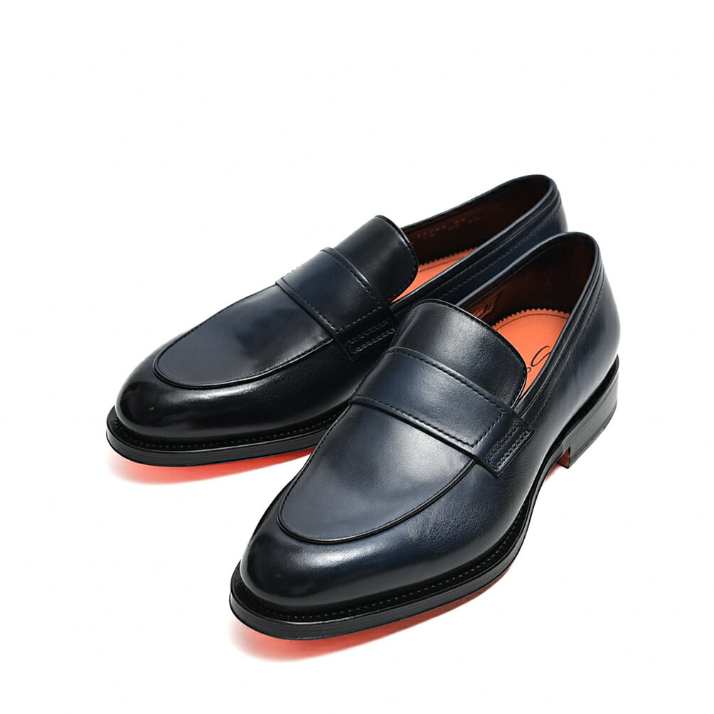 サントーニ Santoni ペニー ローファー アンティークドレザー メンズ ネイビー グッドイヤーウェルト製法 シューズ レザーソール イタリア ブランド MADE IN ITALY