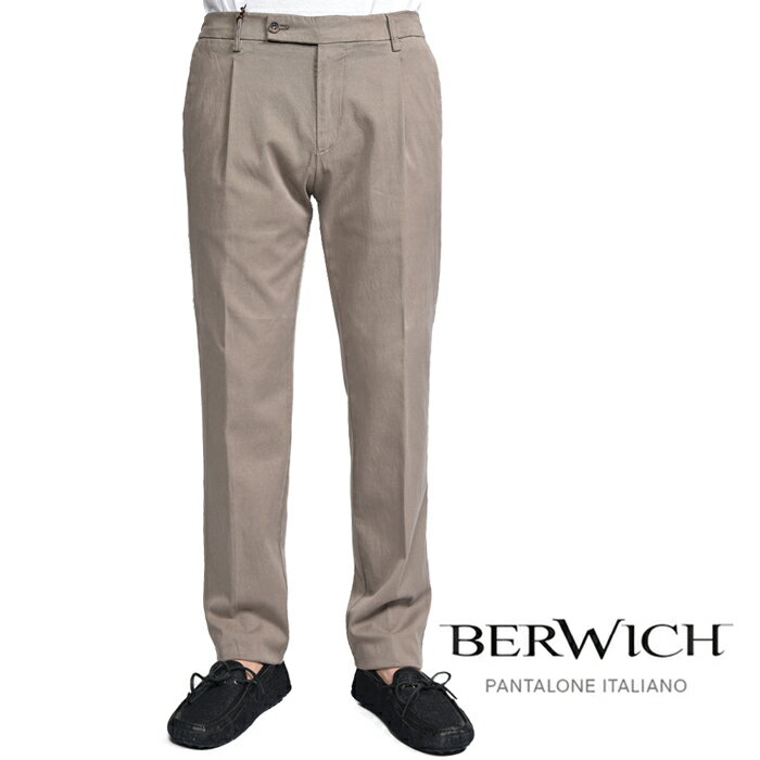 乐天商城 - 【スーパーSALE】【半額以下】 ベルウィッチ BERWICH XRETRO-GD 1P レトロ スラックス ワンタック チノ パンツ 春夏 メンズ リヨセル コットン ストレッチ グレージュ イタリア ブランド MADE IN ITALY