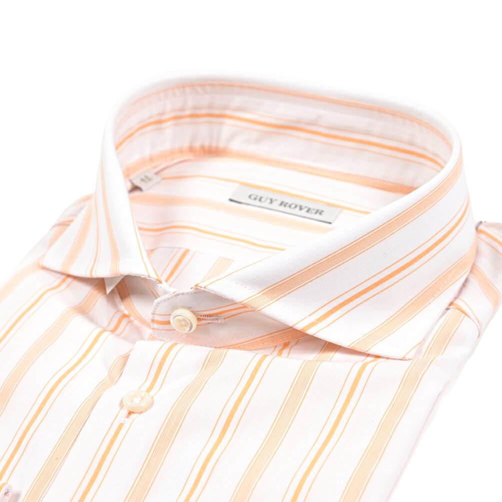 【SALE】 ギローバー GUY ROVER ドレスシャツ ワイシャツ ホリゾンタルカラー 長袖 メンズ コットン 100% ストライプ オレンジ イタリア ブランド MADE IN ITALY