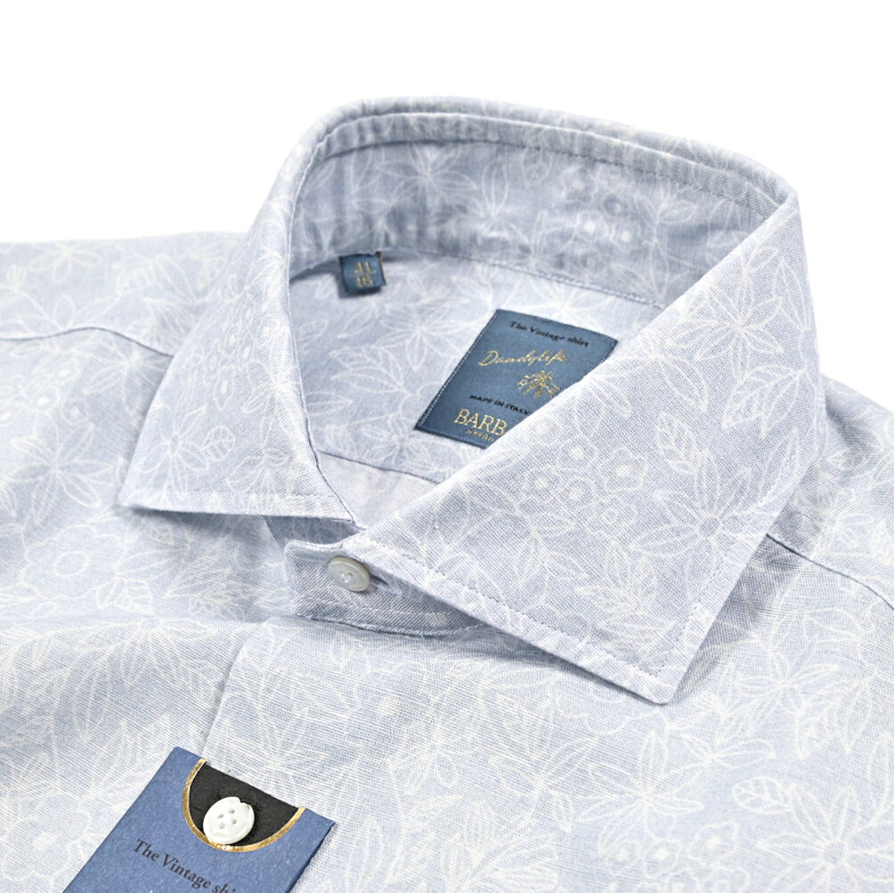 Rakuten - 【春夏先行セール】【半額以下】 バルバ BARBA DANDYLIFE The Vintage Shirt 麻混 ドレスシャツ ワイシャツ カジュアルシャツ ホリゾンタルカラー 長袖 メンズ リネン コットン ボタニカル 総柄 ブルー イタリア ブランド MADE IN ITALY