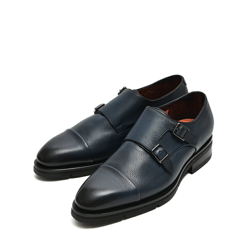 サントーニ ビジネスシューズ メンズ 【SALE】 サントーニ Santoni タンブルレザー ダブルバックルシューズ ダブルモンク ストレートチップ メンズ ダーク ブルー パティーヌ仕上げ グッドイヤーウェルト製法 イタリア ブランド MADE IN ITALY