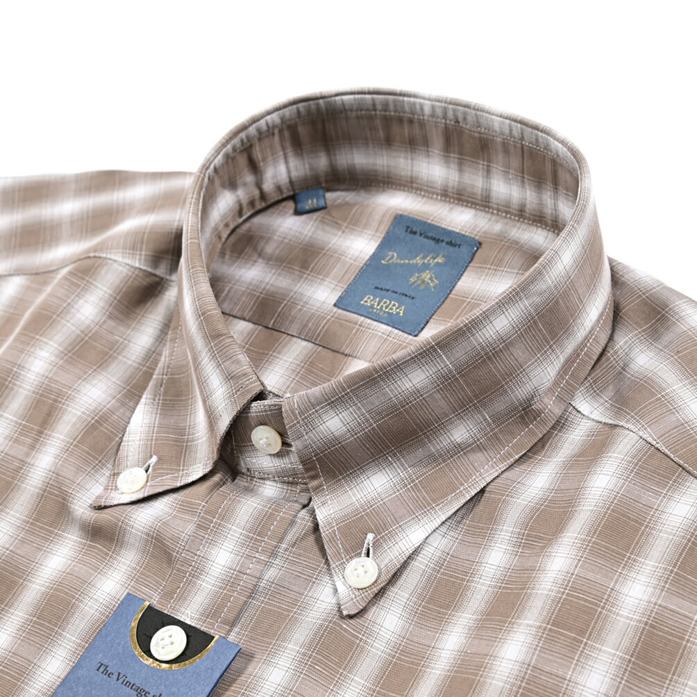 【春夏先行セール】【半額以下】 バルバ BARBA DANDYLIFE The Vintage Shirt 麻混 ドレスシャツ カジュアルシャツ ボタンダウン 長袖 メンズ コットン リネン チェック ブラウン イタリア ブランド MADE IN ITALY