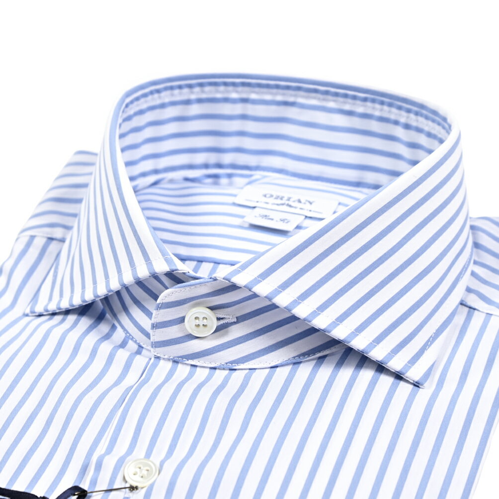Rakuten - 【SALE】【半額以下】【P10倍】 オリアン ORIAN ドレスシャツ ワイシャツ ホリゾンタルカラー 長袖 メンズ Slim Fit スリムフィット コットンストレッチ ストライプ ホワイト ブルー イタリア ブランド MADE IN ITALY