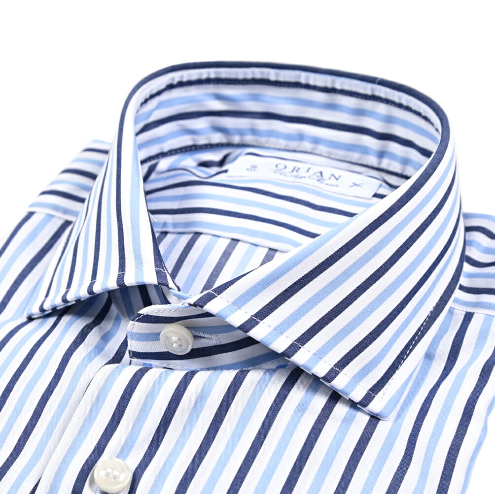 Rakuten - 【スーパーSALE】【半額以下】 オリアン ORIAN Vintage Classic ヴィンテージ クラシック ドレスシャツ ホリゾンタルカラー 長袖 メンズ コットン 100% ストライプ ブルー イタリア ブランド