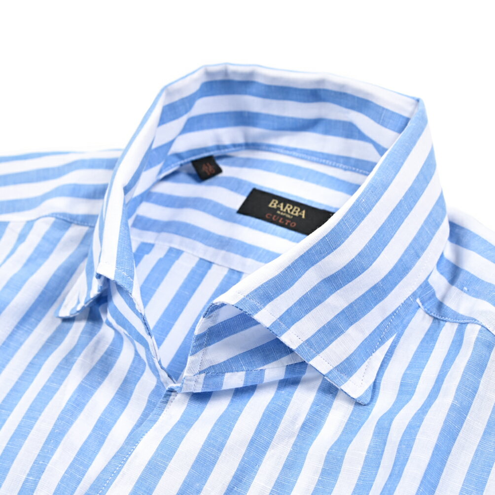 Rakuten - 【春夏先行セール】【半額以下】 バルバ BARBA CULTO 麻混 開襟シャツ スキッパー ドレスシャツ カジュアルシャツ 長袖 メンズ リネン コットン ストライプ ブルー イタリア ブランド MADE IN ITALY
