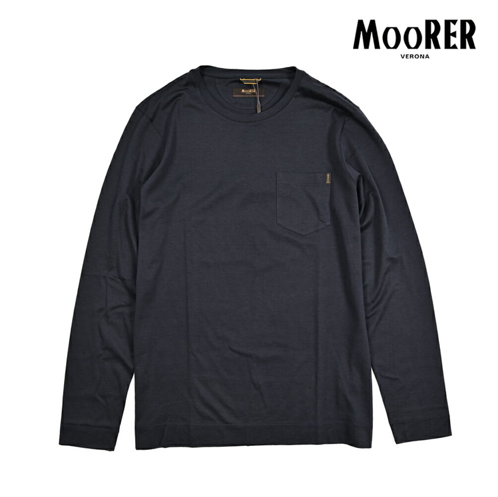 Rakuten - ムーレー MOORER PEPOLI-CSM シルク混 長袖 Tシャツ ロンT カットソー クルーネック 胸ポケット 春夏 メンズ シルク コットン ナチュラルストレッチ ネイビー イタリア ブランド MADE IN ITALY