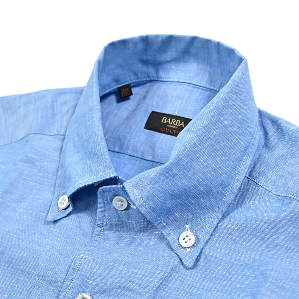 【春夏先行セール】【半額以下】 バルバ BARBA CULTO 麻混 ドレスシャツ ワイシャツ ボタンダウン 長袖 メンズ リネン コットン ブルー イタリア ブランド MADE IN ITALY
