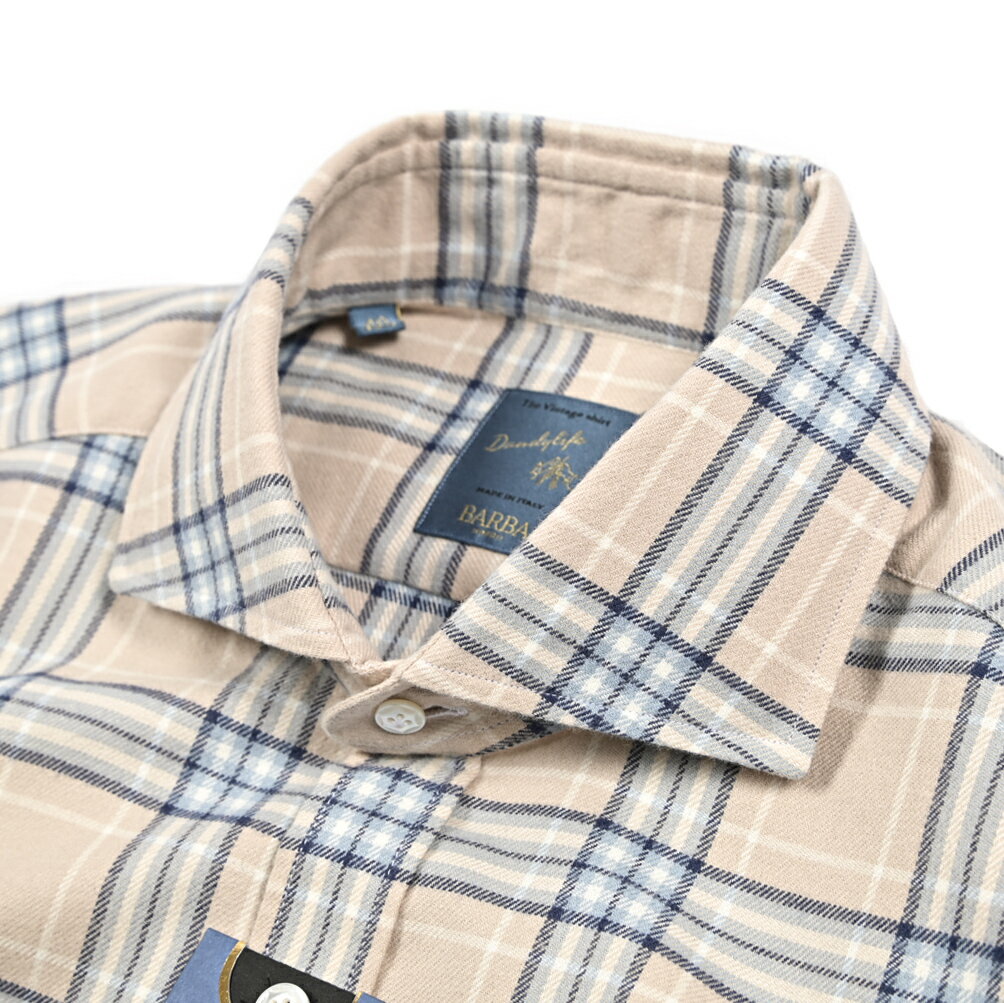【春夏先行セール】【半額以下】 バルバ BARBA DANDYLIFE The Vintage Shirt ドレスシャツ カジュアルシャツ ネルシャツ ホリゾンタルカラー 長袖 メンズ コットン 100% チェック ベージュ イタリア ブランド MADE IN ITALY