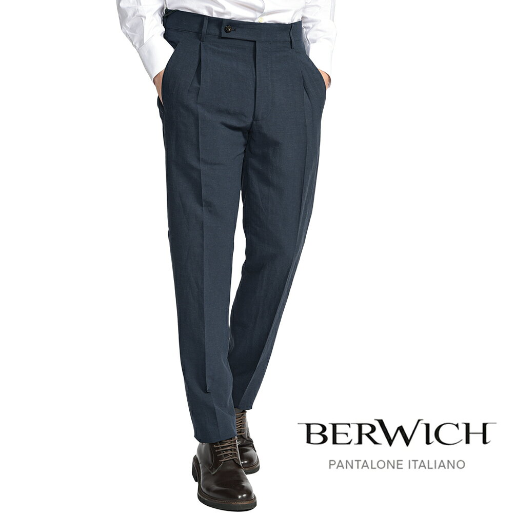 【SUMMER SALE】【35％OFF】 ベルウィッチ BERWICH 【2026年 春夏新作】 RETRO THECA 1P レトロ 麻混スラックス ワンタック パンツ 春夏 メンズ ビスコース リネン ネイビー イタリア ブランド MADE IN ITALY