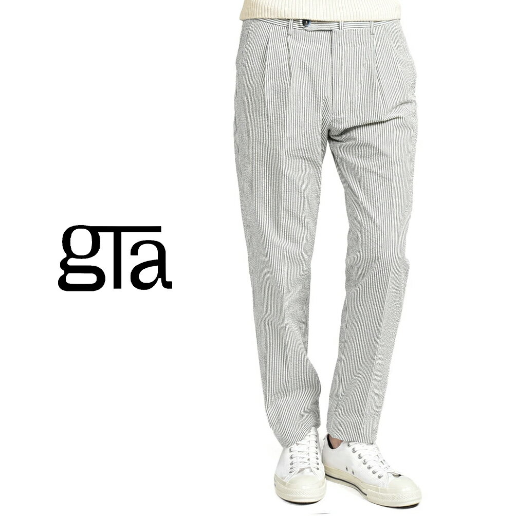 Rakuten - 【クーポンで半額】 ジーティーアー GTA LUCA ルカ REGULAR レギュラー シアサッカー スラックス ツータック パンツ 春夏 メンズ コットン 100% ストライプ グレー イタリア ブランド