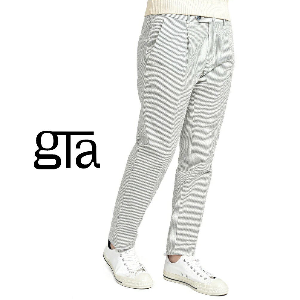 Rakuten - 【クーポンで半額】 ジーティーアー GTA 772 SLIM スリム シアサッカー スラックス ワンタック パンツ 春夏 メンズ コットン 100% ストライプ グレー イタリア ブランド