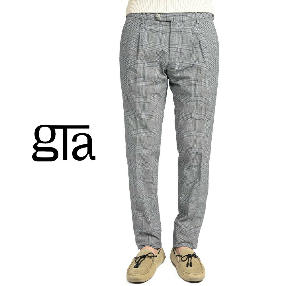 Rakuten - 【クーポンで半額】 ジーティーアー GTA 772 L SLIM スリム シアサッカー スラックス ワンタック パンツ 春夏 メンズ コットン ストレッチ グレンチェック グレー イタリア ブランド