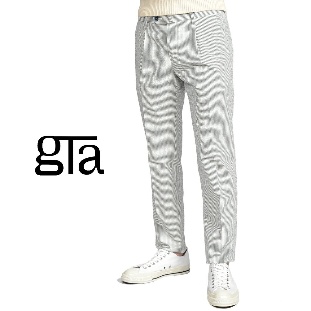 Rakuten - 【クーポンで半額】 ジーティーアー GTA 772 L SLIM スリム シアサッカー スラックス ワンタック パンツ 春夏 メンズ コットン 100% ストライプ グレー イタリア ブランド