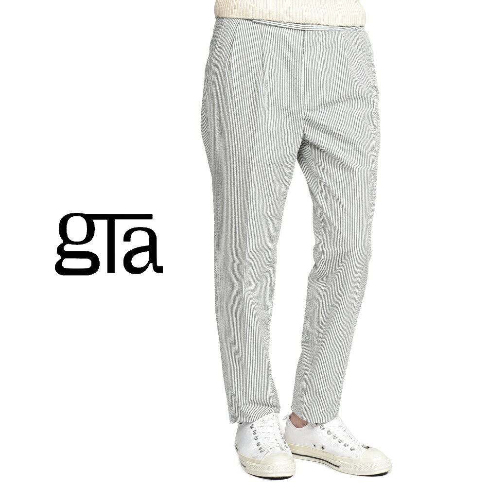 Rakuten - 【クーポンで半額】 ジーティーアー GTA HERRICK エリック COMFORT コンフォート シアサッカー コットンスラックス ツータック パンツ サイドアジャストベルト 春夏 メンズ コットン 100% ストライプ グレー イタリア ブランド