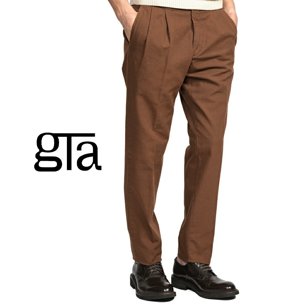 乐天商城 - 【クーポンで半額】 ジーティーアー GTA HERRICK エリック COMFORT コンフォート コットンスラックス ツータック パンツ サイドアジャストベルト 春夏 メンズ コットン 100% ブラウン イタリア ブランド