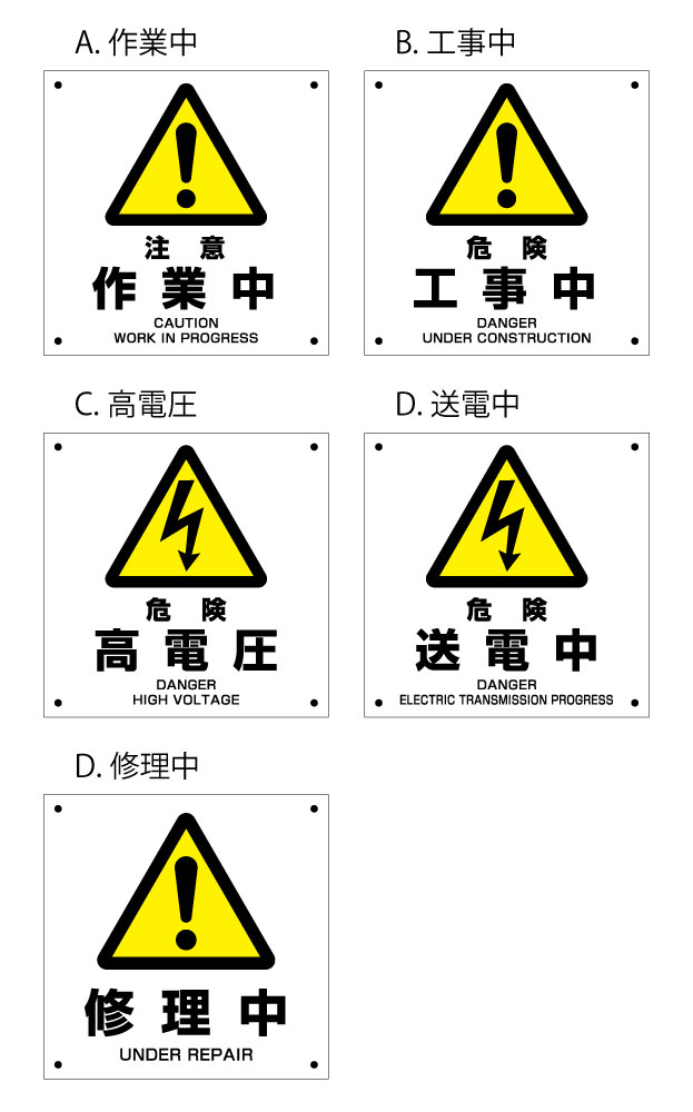 アルミ複合板看板 表示プレート ピクトサイン （作業中 工事中 高電圧 送電中 修理中） W200mm×H200mm..