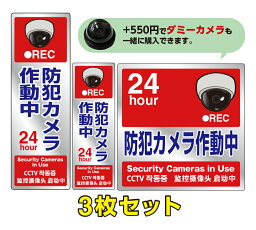 【シール】 屋外・防水加工 防犯カメラ作動中 ドーム型カメライラスト（レッド×グレーグラデ）　3枚セット