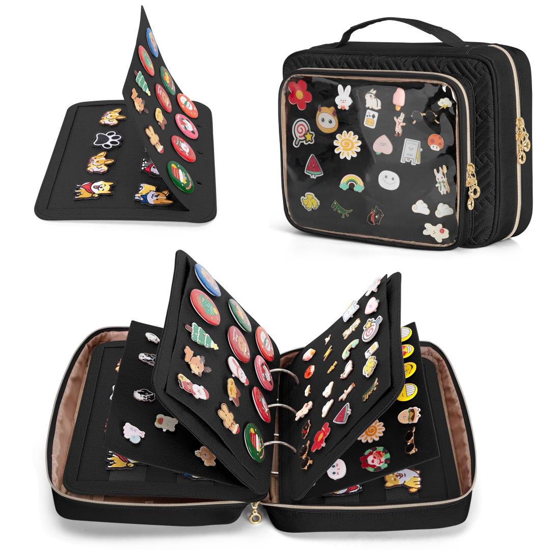 Luxja 缶バッジ 収納 バッグ クリアポケット付き 缶バッジコレクション ピンバッジ 収納ケース ファイル 推し活グッズ ディスプレイ 保管 持ち運び プレゼント ブラックのサムネイル