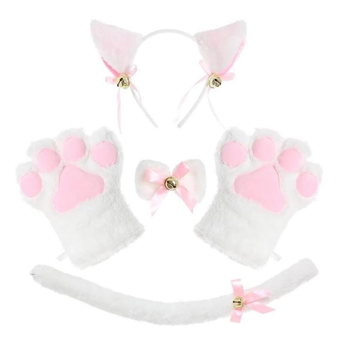 YFFSFDC 猫耳カチューシャ ねこ コスチューム 4点セット コスプレ 小物 チョーカー 肉球手袋 しっぽ 蝶..