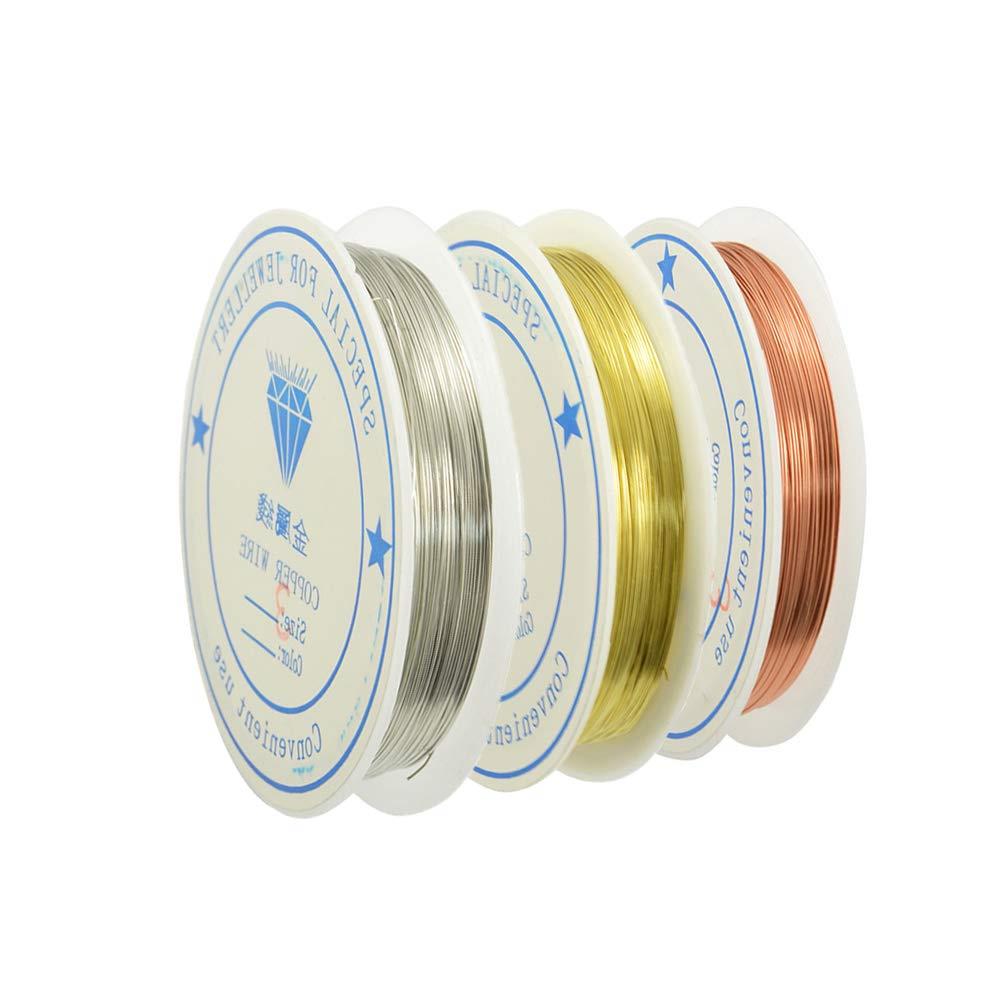 YFFSFDC 銅線 線径0.5mm アクセサリーワイヤー 3巻入 クラフトゴールド/シルバー/柏F アートワイヤー ..