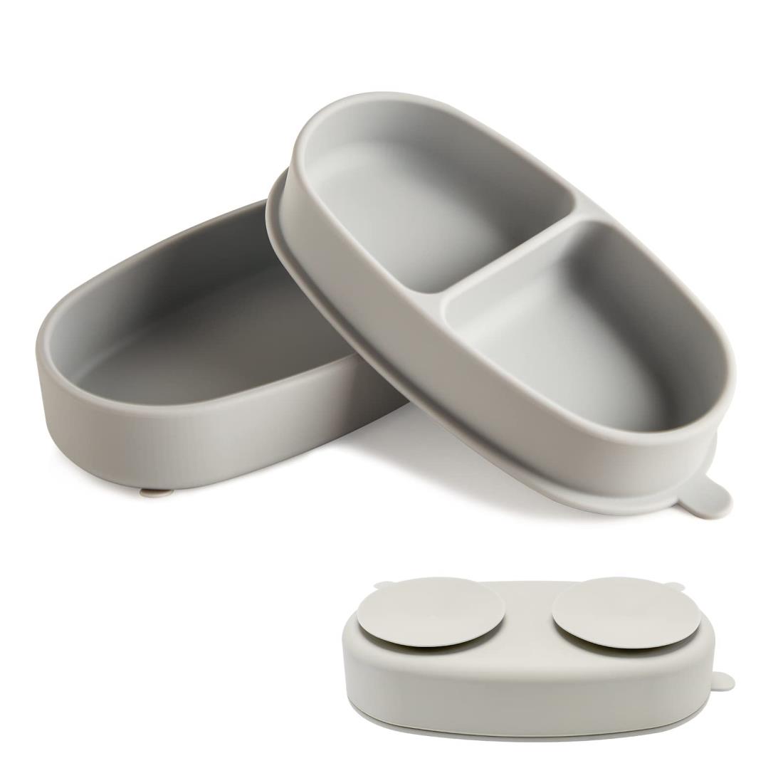 Wooden Teether ベビー食器 離乳食プレート 吸盤ボウル 蓋付き 持ち運び便利 ピッタリ吸着 シリコン製 赤ちゃん ワンプレート皿 弁当箱使い ひっくり返し防止 子供 幼児 滑り止め 電子レンジ食洗器対応 出産祝い ギフト プレゼント BPAフリー グレー