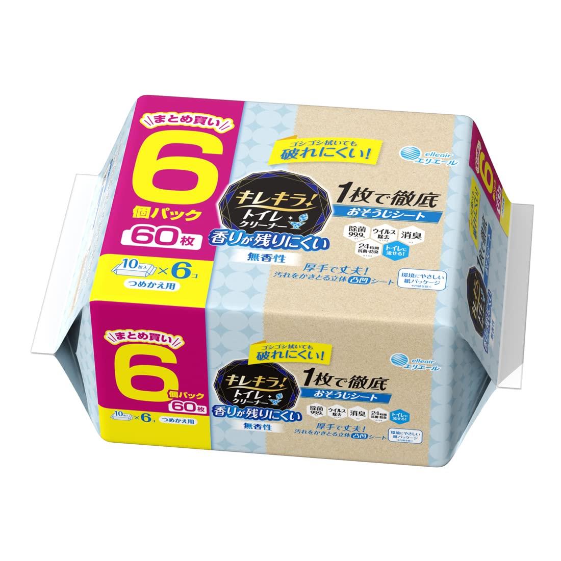 エリエール キレキラ! トイレクリーナー つめかえ用 60枚(10枚×6パック) 香りが残りにくい 無香性 1枚で徹底 おそうじシート【まとめ買い】