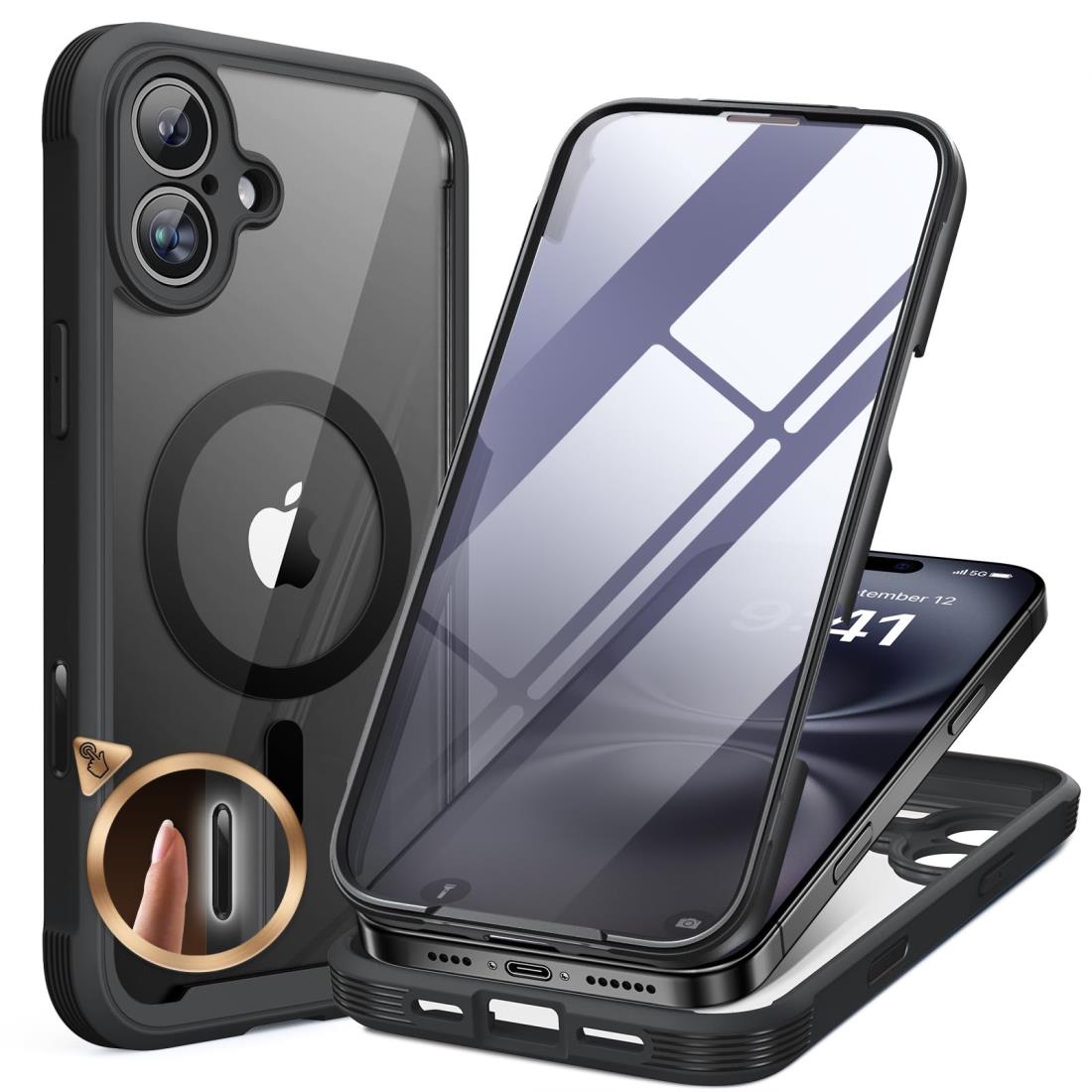 Miracase iPhone16 ケース MagSafe対応 スマホケース いPhone16 用 カバー 9H 強化ガラス 360°保護 全身バンパー保護ケース 6.1インチ フルカバー ワイヤレス充電対応 マグセーフ対応 マグネット搭載 黒