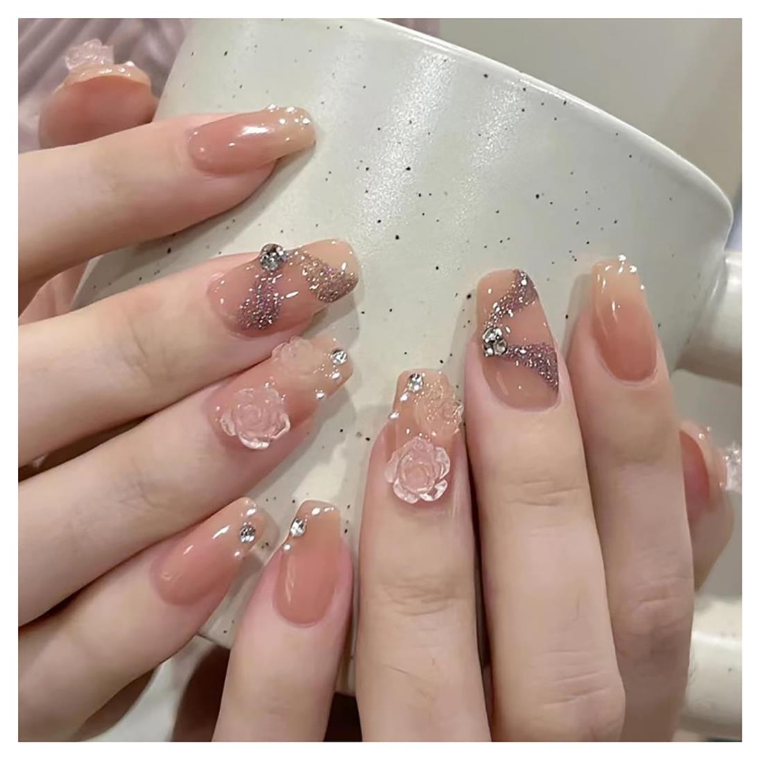Lwenjing ネイルチップ ロング 24枚入 人気 和風 かわいい シンプル おしゃれ 花嫁ネイル 光沢 つけ爪 両面テープ 成人式 入学式 卒業式 結婚式 ネイルチップ(Z528)