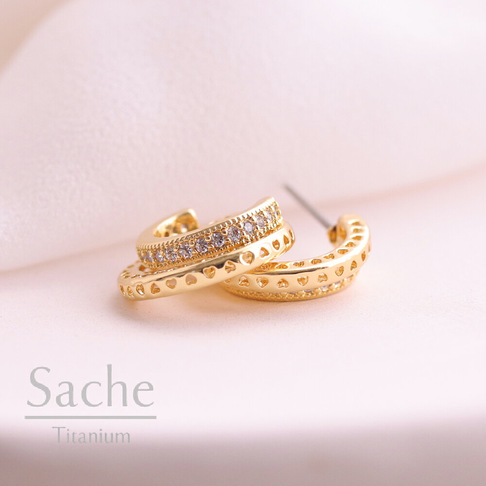 楽天純チタンピアスのSache　サシェ【2025年11月新商品】純チタン ピアス 金属アレルギー 2連リング パヴェ ラインストーン ハート ゴールド サシェ sache 超敏感肌用/商品名：【純チタンピアス】Marijn（マレイン）