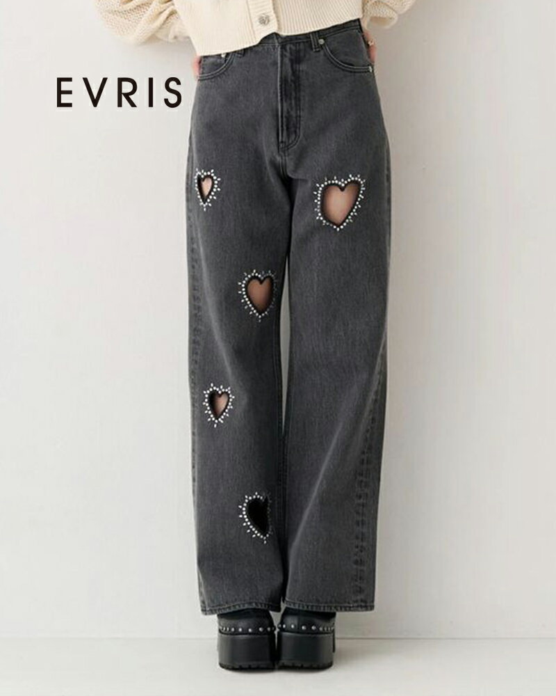 樂天商城 - EVRIS エヴリス ビジューハートカッティングワイドデニムパンツ 372622400801