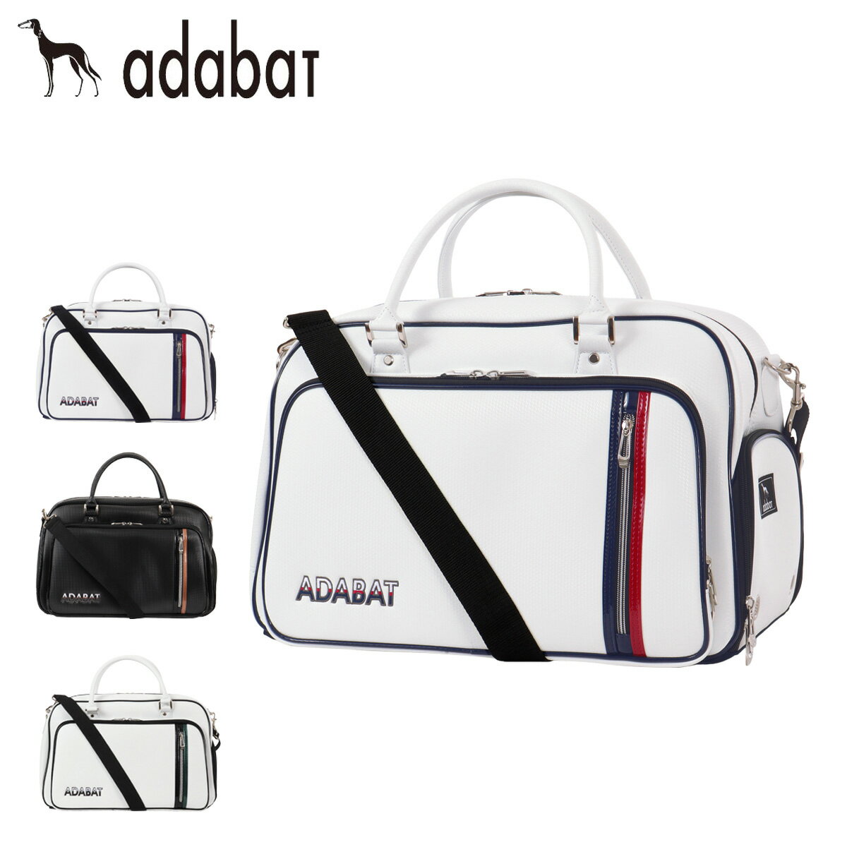 ITEM SPEC COLOR VARIATION ブランド：adabat アダバット 機能性、耐久性を備えた、新フラグシップモデル。 サイズ：約W46×H29×D22cm重量：約1100g持ち手長さ：約55cmショルダー長さ：約70～110cm(取り外し可) カラー：トリコロールブラックカッパーホワイト/グリーン 素材：合成皮革、ポリエステル 仕様：ダブルファスナー式開閉前面：ダブルファスナーポケット×1（内側：フリーポケット×1ペンホルダー×2ファスナーメッシュポケット×1）ファスナーポケット×1側面：ダブルファスナーポケット×2（片方シューズ収納ポケット） 付属：ショルダーベルト 備考：雨などで濡れた場合は、乾いた布で拭き取り影干しで十分に湿気をとってから保管して下さい。濡れたまま放置されますと、カビ発生等で製品寿命が縮まります。ナイロン素材は、雨降りや高温多湿状態になると水分を吸収し、生地が伸びてシワが出る場合があります。温度、湿度の低い通気性の良い日陰で保管して下さい。 ご注意ください： ● 商品の画像は、できるだけ商品に近いカラーにて掲載をしております。 お客様のモニターの発色または設定により、実際の色味と異なる場合もあります。あらかじめご了承ください。 ● メーカーサイズ、もしくは実際に測った寸法となります。商品の素材等の個体差により、若干サイズのばらつきがあります。サイズはあくまでも目安としてお考えください。 ● 天然皮革・素材を使用している商品によっては、天然素材の特性上、部位により風合いやシミ・シワ感や焦げ、濃淡など多少の個体差がある場合があります。あらかじめご了承ください。