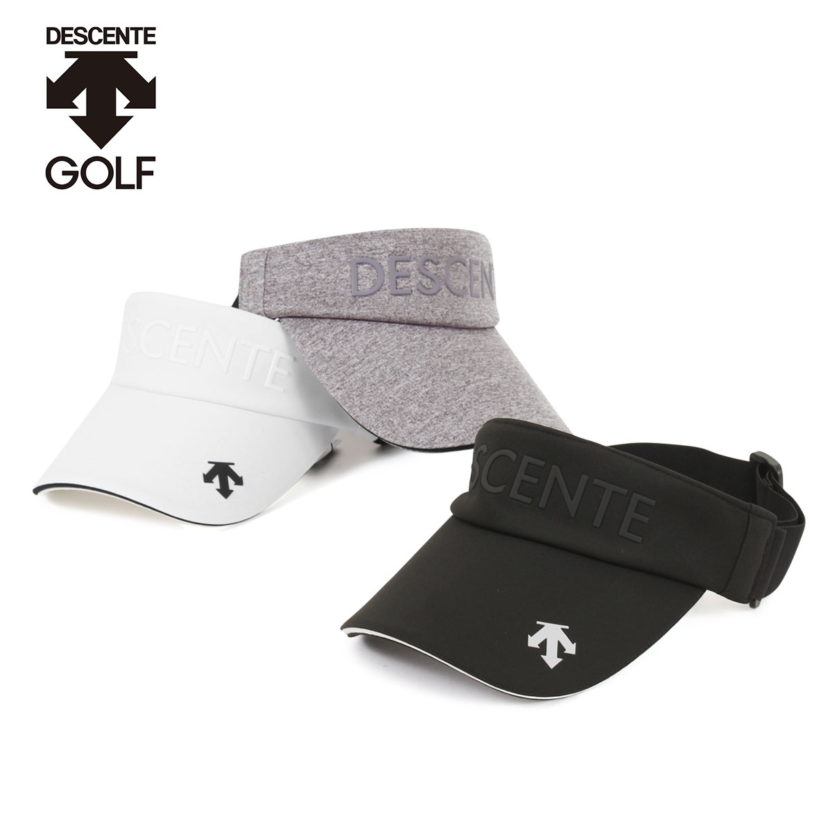 ITEM SPEC COLOR VARIATION ブランド：DESCENTE GOLF 正面にブランドロゴ、庇にスピリットマークをTPUで表現した、ベーシックなデザインのサンバイザーです。後方を全てゴムで仕立てたこのタイプの仕様は頭周りが小さめな方でもサイズをぴったり合わせて着用いただけるデサントゴルフの定番モデルです。ビン皮（額に触れる部分)は吸汗速乾と抗菌防臭性に優れたメッシュ素材で快適にプレーする事ができます。 サイズ：頭囲：57~59cm高さ：約6cmつば：約8cm カラー：ブラックホワイトグレー 素材：本体：ポリエステル91%、ポリウレタン9%ゴム部：ポリエステル87% 、ポリウレタン13% 仕様：部分吸汗速乾（ビン皮：額に触れる部分）/部分抗菌防臭（ビン皮：額に触れる部分） 備考：※この製品に使用しております素材は、現在の染色技術では水濡れ、摩擦による多少の色落ちは避けられません。雨の日や汗をかいた時、淡色の服装をされる時などは、特にご注意ください。 ご注意ください： ● 商品の画像は、できるだけ商品に近いカラーにて掲載をしております。 お客様のモニターの発色または設定により、実際の色味と異なる場合もあります。あらかじめご了承ください。 ● メーカーサイズ、もしくは実際に測った寸法となります。商品の素材等の個体差により、若干サイズのばらつきがあります。サイズはあくまでも目安としてお考えください。 ● 天然皮革・素材を使用している商品によっては、天然素材の特性上、部位により風合いやシミ・シワ感や焦げ、濃淡など多少の個体差がある場合があります。あらかじめご了承ください。