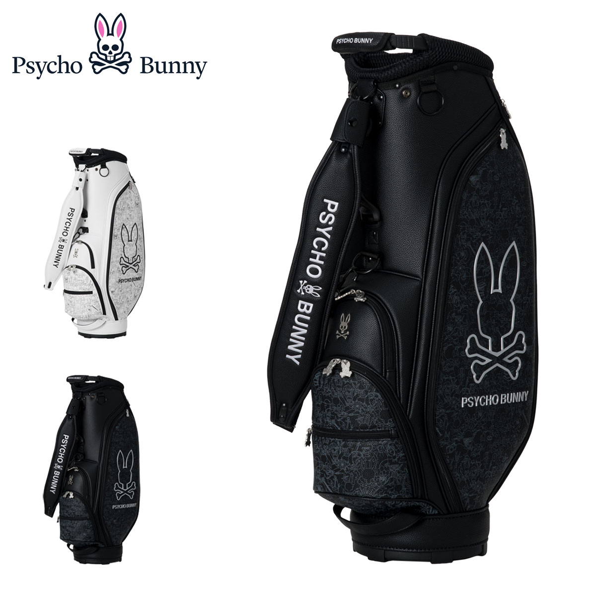 ITEM SPEC COLOR VARIATION ブランド：Psycho Bunny サイコバニー 全面にグラフィックパターンを配したキャディバッグ。モノトーンを基調とし、高周波ロゴを重ねることでインパクトを出しています。縦ラインのフォルムで、すっきりとした印象。シリーズ内でのコーディネートがしやすいモデル。 サイズ：重量：約4.0kg口径：9型対応クラブサイズ：46インチ カラー：【00】ホワイト【10】ブラック 素材：合成皮革(PU) 仕様：口枠4分割前面：ダブルファスナーポケット×2ファスナーポケット×1背面：ダブルファスナーポケット×1側面：ファスナーポケット×4 付属：ショルダーベルトキャディバッグフード 備考：中国製 ご注意ください： ● 商品の画像は、できるだけ商品に近いカラーにて掲載をしております。 お客様のモニターの発色または設定により、実際の色味と異なる場合もあります。あらかじめご了承ください。 ● メーカーサイズ、もしくは実際に測った寸法となります。商品の素材等の個体差により、若干サイズのばらつきがあります。サイズはあくまでも目安としてお考えください。 ● 天然皮革・素材を使用している商品によっては、天然素材の特性上、部位により風合いやシミ・シワ感や焦げ、濃淡など多少の個体差がある場合があります。あらかじめご了承ください。
