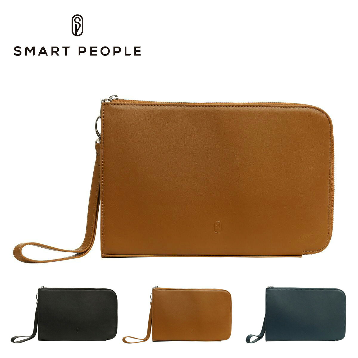 ITEM SPEC COLOR VARIATION ブランド：SMART PEOPLE スマートピープル サイズ：約W28×H18.5×D3cm重量：約350g持ち手長さ：約43cm(取り外し可) カラー：ブラックブラウンブルー 素材：スムースレザー牛革 仕様：L字ファスナー式開閉内側：ファスナーポケット兼仕切り×1フリーポケット×4 付属：ハンドストラップ 備考：バングラディッシュ製 ご注意ください： ● 商品の画像は、できるだけ商品に近いカラーにて掲載をしております。 お客様のモニターの発色または設定により、実際の色味と異なる場合もあります。あらかじめご了承ください。 ● メーカーサイズ、もしくは実際に測った寸法となります。商品の素材等の個体差により、若干サイズのばらつきがあります。サイズはあくまでも目安としてお考えください。 ● 天然皮革・素材を使用している商品によっては、天然素材の特性上、部位により風合いやシミ・シワ感や焦げ、濃淡など多少の個体差がある場合があります。あらかじめご了承ください。