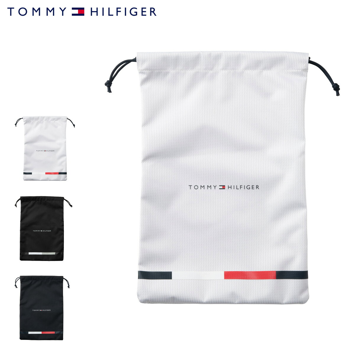 ITEM SPEC COLOR VARIATION ブランド：Tommy Hilfiger トミーヒルフィガー シグネチャーシリーズの巾着マルチバッグ。表面に凹凸のあるドビー織の生地を使用。シンプルなロゴを組み合わせたミニマルなデザイン。大きめのサイズ設計でハイカットシューズも収納しやすく、シューズ収納に限らず多用途に活用できる汎用性の高いアイテム。 サイズ：W32cm / H47cm カラー：【00】ホワイト【10】ブラック【30】ネイビー 素材：ポリエステル 仕様：巾着式開閉 ご注意ください： ● 商品の画像は、できるだけ商品に近いカラーにて掲載をしております。 お客様のモニターの発色または設定により、実際の色味と異なる場合もあります。あらかじめご了承ください。 ● メーカーサイズ、もしくは実際に測った寸法となります。商品の素材等の個体差により、若干サイズのばらつきがあります。サイズはあくまでも目安としてお考えください。 ● 天然皮革・素材を使用している商品によっては、天然素材の特性上、部位により風合いやシミ・シワ感や焦げ、濃淡など多少の個体差がある場合があります。あらかじめご了承ください。