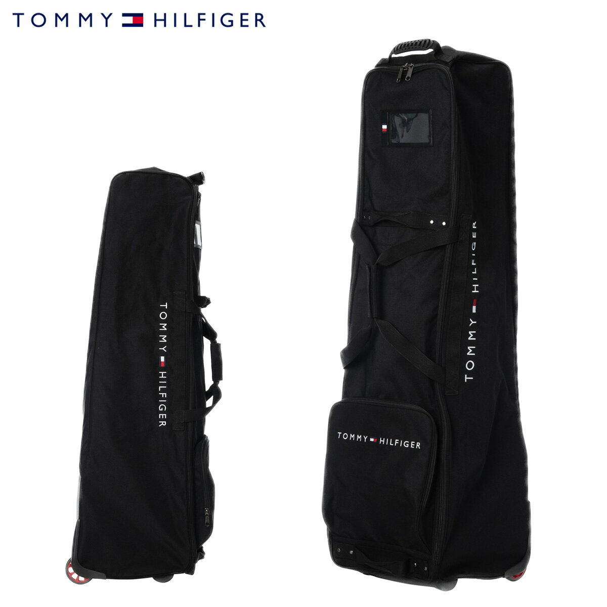 ITEM SPEC COLOR VARIATION ブランド：Tommy Hilfiger トミーヒルフィガー タイヤ付きのトラベルカバー。9型46インチまで対応し、キャスター付きで持ち運びが簡単。裏地付きでバッグをしっかり保護し、フルオープン開閉仕様により出し入れもスムーズ。アウトポケットも装備し、収納力を確保。 ※使用時の注意点:必ず横に寝かせて保管すること。立てたまま放置すると転倒の恐れあります。 サイズ：縦（高さ）：約130cm横：（上部）約27cm、（底）約32cmマチ(奥行)：（上部）約29cm、（底）約36cm カラー：【10】ブラック 素材：ポリエステル 仕様：ダブルファスナー式開閉前面：ファスナーポケット×1クリアポケット×1 ご注意ください： ● 商品の画像は、できるだけ商品に近いカラーにて掲載をしております。 お客様のモニターの発色または設定により、実際の色味と異なる場合もあります。あらかじめご了承ください。 ● メーカーサイズ、もしくは実際に測った寸法となります。商品の素材等の個体差により、若干サイズのばらつきがあります。サイズはあくまでも目安としてお考えください。 ● 天然皮革・素材を使用している商品によっては、天然素材の特性上、部位により風合いやシミ・シワ感や焦げ、濃淡など多少の個体差がある場合があります。あらかじめご了承ください。
