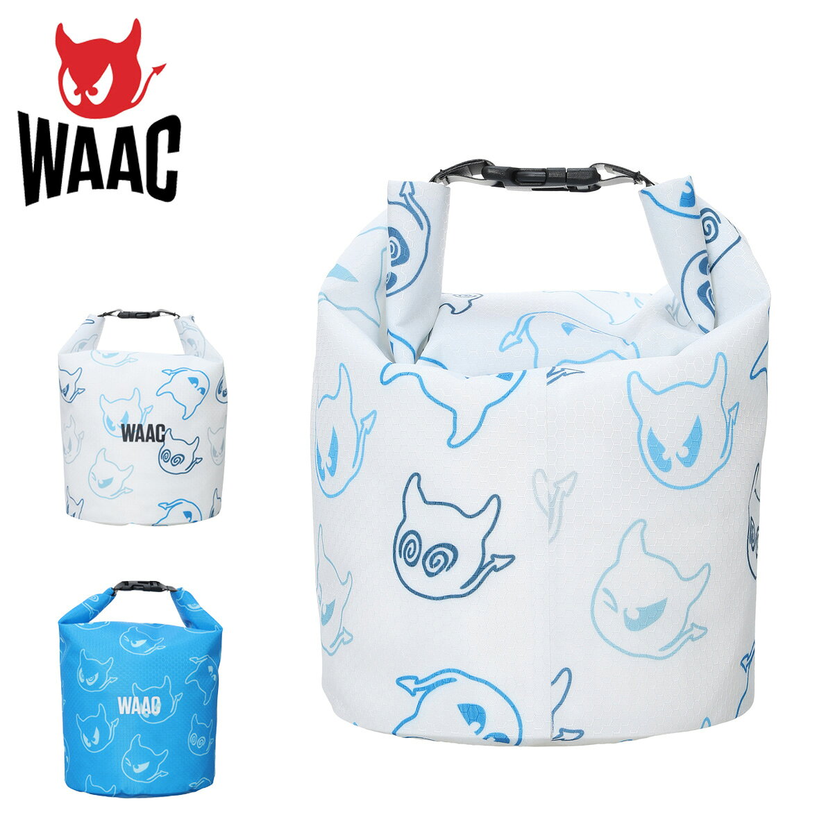 ITEM SPEC COLOR VARIATION ブランド：WAAC ワック ワッキーの総柄デザインが目を引く、遊び心のあるICEバッグ。内側は防水・保冷仕様になっており、氷や保冷剤、ボトルなどを入れて持ち運びが可能です。夏のゴルフラウンドでのドリンクや冷却グッズの保管にも最適です。軽量でコンパクトに折り畳めるため持ち運びやすく、口部分はロールトップ仕様でしっかり密閉できる設計。漏れにくく安心してご使用いただけます。ゴルフシーンはもちろん、アウトドアやレジャーなど幅広いシーンで活躍する便利なアイテムです。 サイズ：縦：34.2cm横：29.5cmマチ：17cm カラー：ホワイトチャコールグレーロイヤルブルー 素材：ポリエステル100% ご注意ください： ● 商品の画像は、できるだけ商品に近いカラーにて掲載をしております。 お客様のモニターの発色または設定により、実際の色味と異なる場合もあります。あらかじめご了承ください。 ● メーカーサイズ、もしくは実際に測った寸法となります。商品の素材等の個体差により、若干サイズのばらつきがあります。サイズはあくまでも目安としてお考えください。 ● 天然皮革・素材を使用している商品によっては、天然素材の特性上、部位により風合いやシミ・シワ感や焦げ、濃淡など多少の個体差がある場合があります。あらかじめご了承ください。