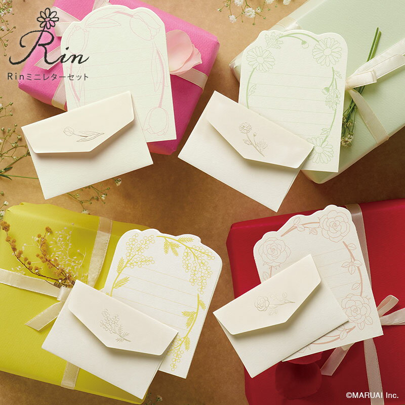 ミニレターセット Rin レターセット 花柄 チューリップ ミモザ バラ マーガレット 小さな手紙 お花 シンプル 名刺サイズ 横罫 横書き 横線 シンプル 手...