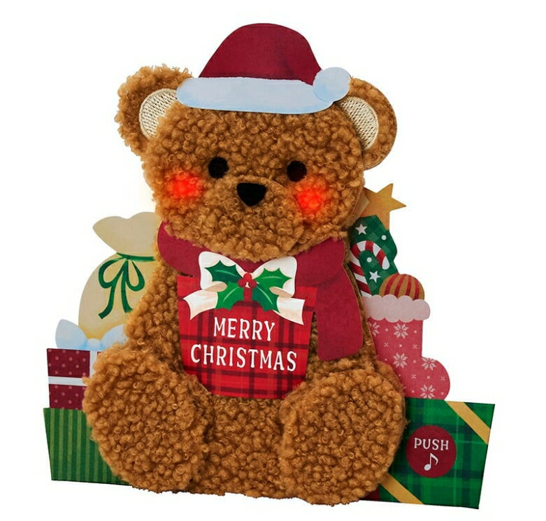 クリスマスカード ライト＆メロディー ふかふかテディベア グリーティングカード 飾るスタンド 封筒付 ..