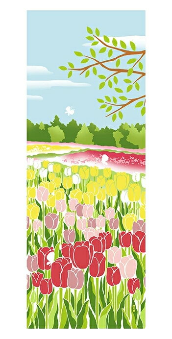 樂天商城 - 手ぬぐい 絵てぬぐい チューリップ畑 てぬぐい 春柄 チューリップ 春 蝶々 和雑貨 木綿 綿100％ かわいい おしゃれ イラスト インテリア 飾る 包む 和風 はまもんよう 濱文様 日本製 お土産 プレゼント ギフト