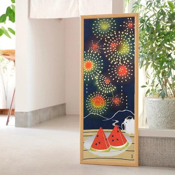 手ぬぐい 絵てぬぐい スイカ花火 てぬぐい 夏柄 スイカ 西瓜 花火 打上花火 蚊取り線香 和雑貨 木綿 綿100% かわいい おしゃれ イラスト インテリア 飾る 包む 和風 はまもんよう 濱文様 日本製