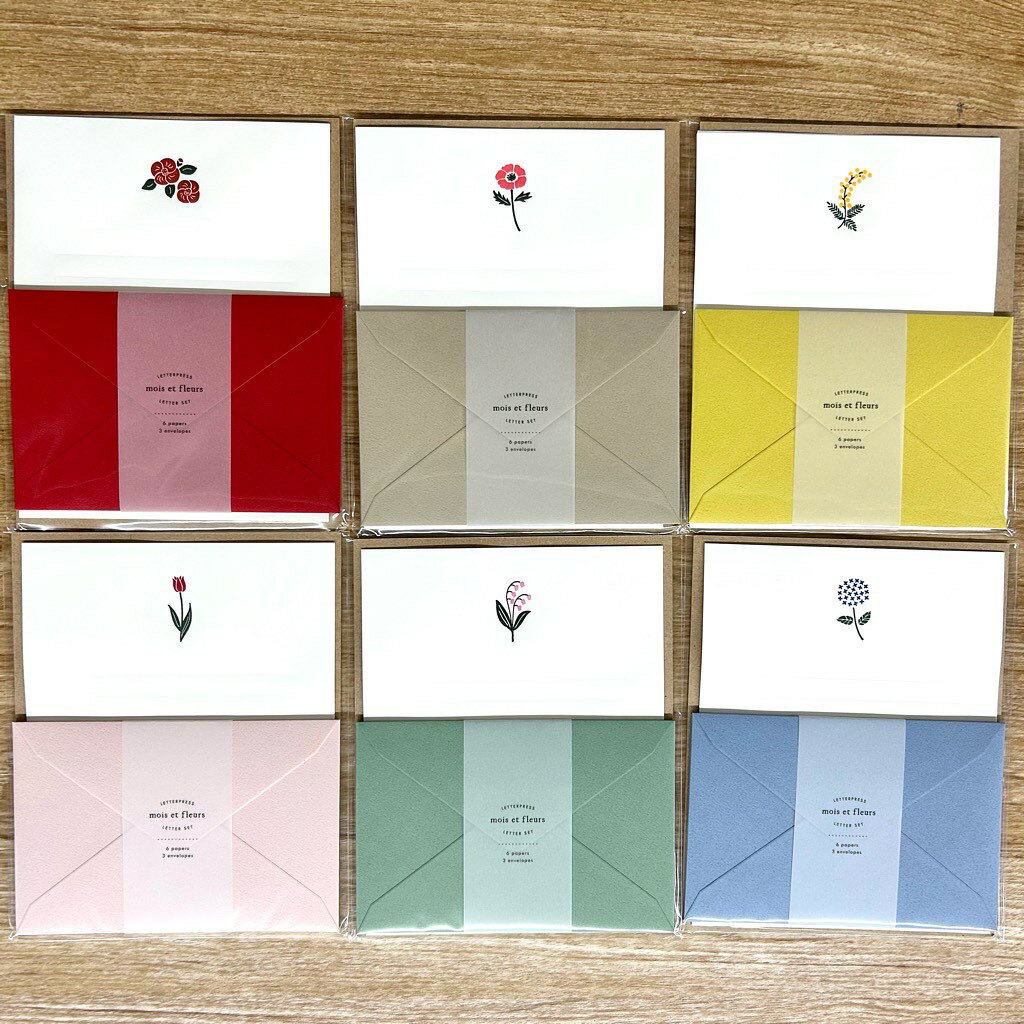 エルコミューン モワ・エ・フルール レターセット 便箋6枚入り 封筒3枚入り EL COMMUN mois et fleurs お花モチーフ 活版印刷 エンボス加工 横罫 横書き 横線 シンプル 手紙 便箋 封筒 ギフト お祝い 誕生日 おしゃれ かわいい ミモザ 2