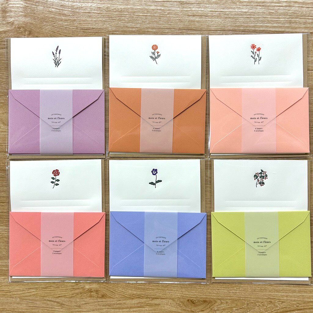 エルコミューン モワ・エ・フルール レターセット 便箋6枚入り 封筒3枚入り EL COMMUN mois et fleurs お花モチーフ 活版印刷 エンボス加工 横罫 横書き 横線 シンプル 手紙 便箋 封筒 ギフト お祝い 誕生日 おしゃれ かわいい ミモザ 3