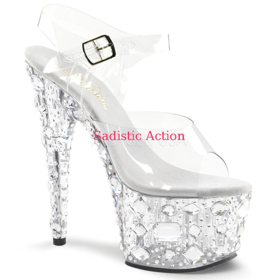 PLEASER Ankle Strap Sandal Featuring Entire PF Bottom Embellished W/ Multi Size Stones 