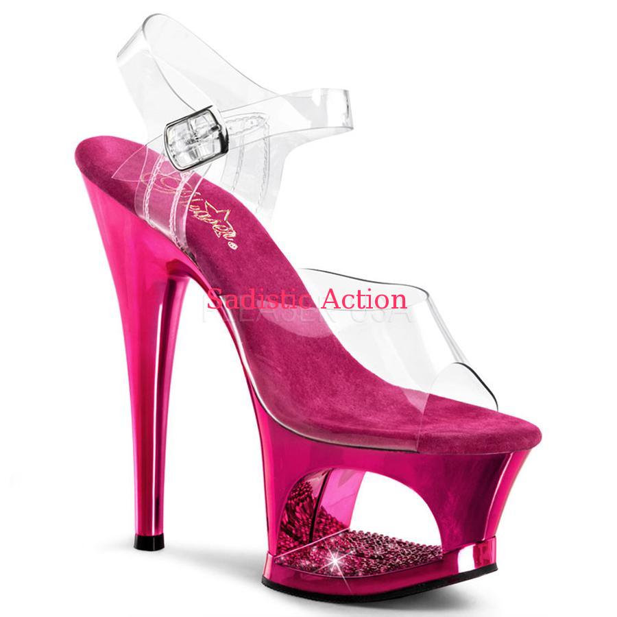 PLEASER Ankle Strap Sandal Featuring RS Detail In the PFクリアアンクルストラップラインストーンディテールプラットフォームサンダルFUCHSIAClr/Fuchsia Chrome 7" Heel 2 3/4" PFヒールの高さ:約18cmクリアアンクルストラップラインストーンディテールプラットフォームサンダルFUCHSIA