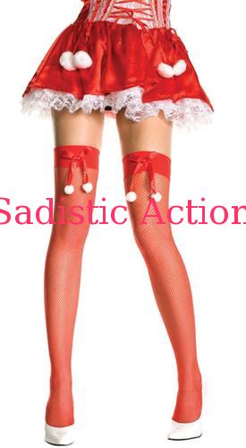 MUSIC LEGS Fishnet thigh hi with snow bowリボンTOPフィッシュNETサイハイストッキングRED/WHITEリボンTOPフィッシュNETサイハイストッキングRED/WHITE