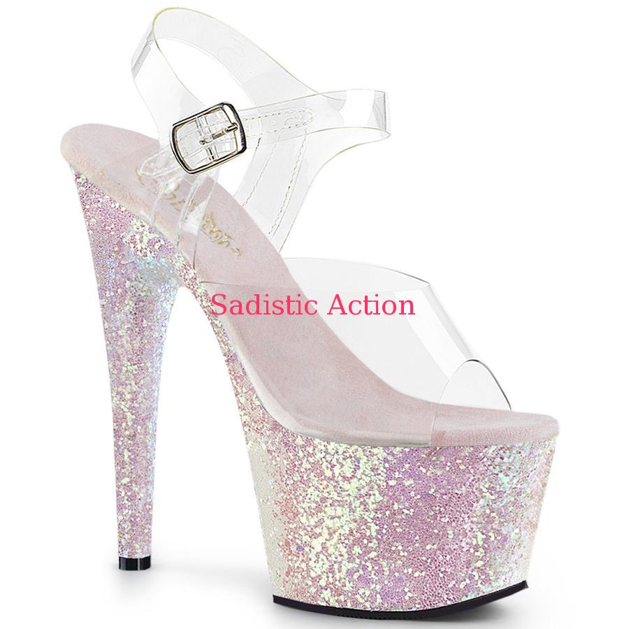 Pleaser Ankle Strap Sandal Featuring Holographic Glitters Covering the Entire Platform Bottom 