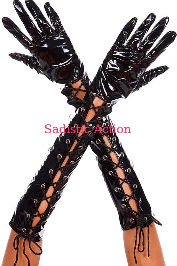 MUSIC LEGS Wet look ribbon lace up gloves 