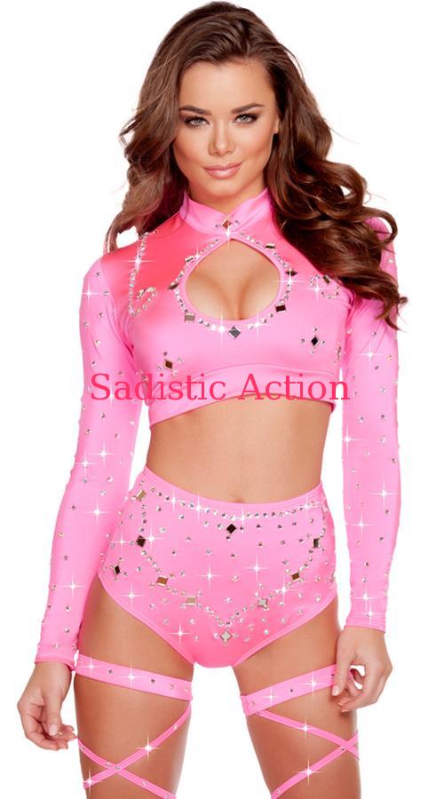 【即納】ROMA Long Sleeved Crop Top & High Waisted Shorts with Rhinestones 【ROMA　（ダンスウェア、衣装、コスチューム、小物）】【RM-DW-3204-H.PI】